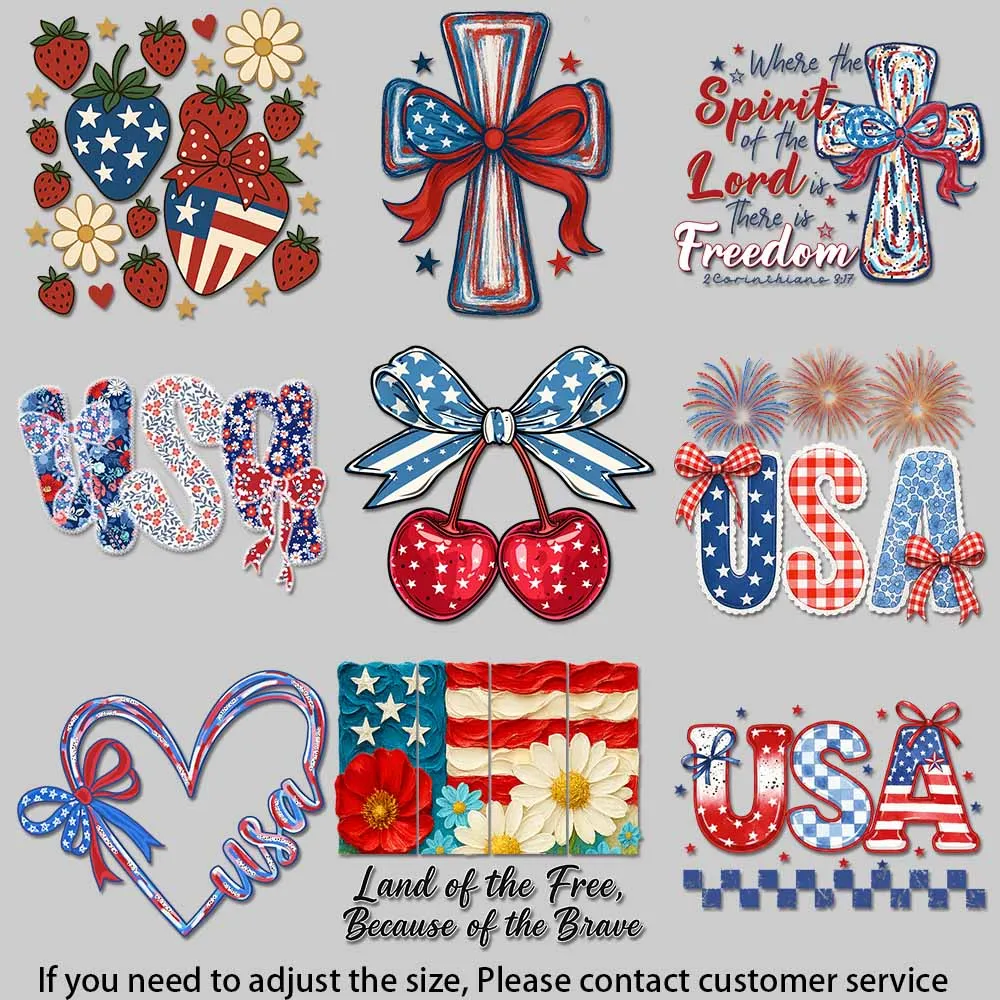 Red White Blue Iron-On Decals - 4th of July Hot Dog, Freedom Cross, USA Map & Bow for DIY Apparel, Crafts & Pillows, Durable