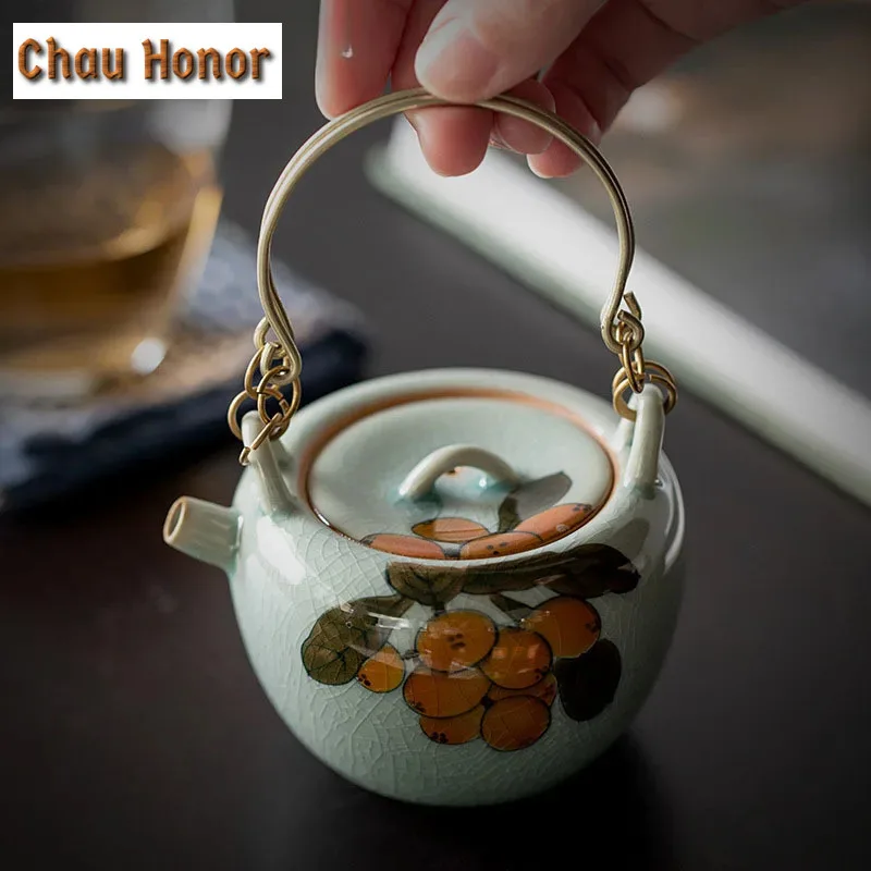 150ml Borneol Glaze Ceramic Teapot Pure Handpainted Loquat Art Tea Making Lifting Beam Pot With Fitter Household Kung Fu Teaware