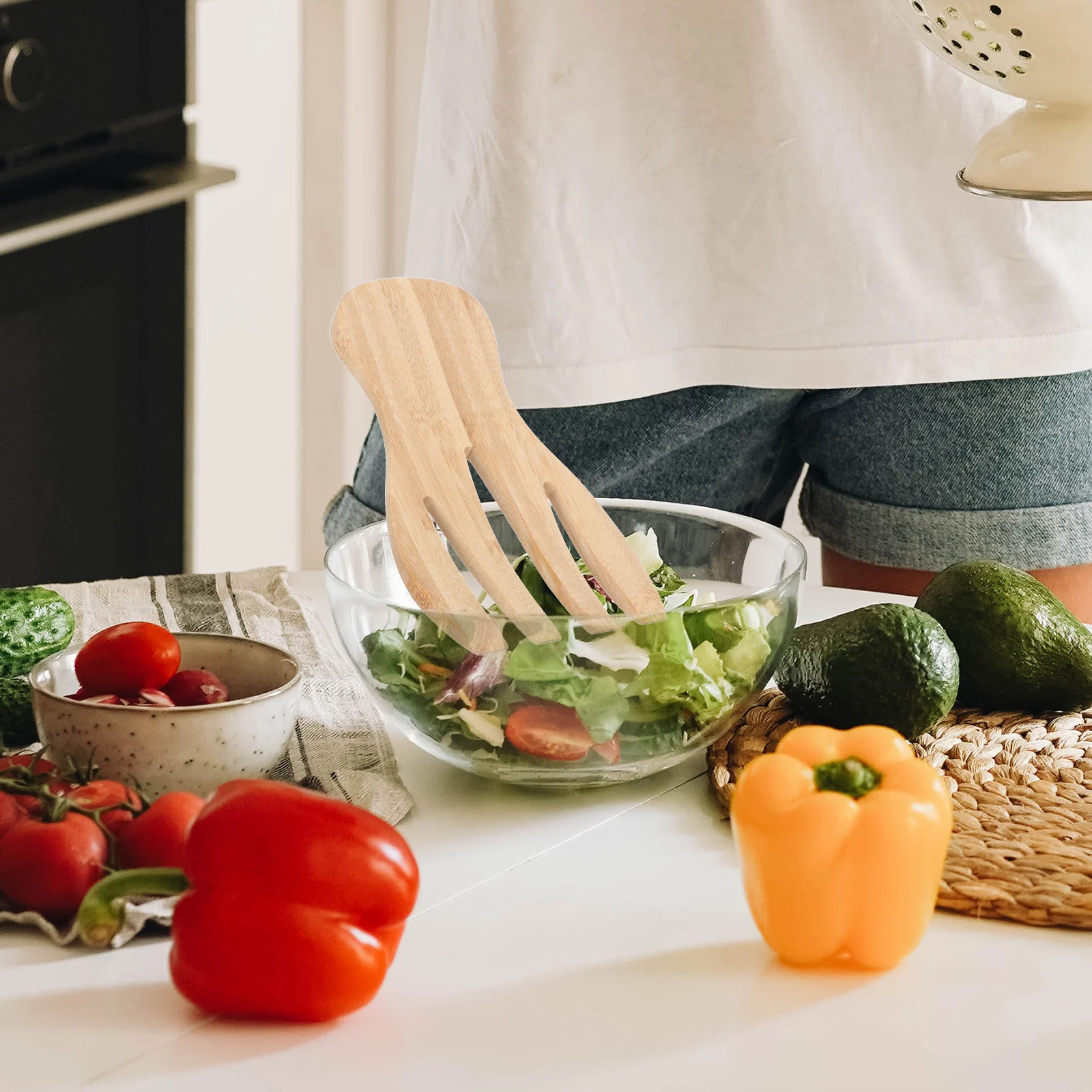 

Bamboo Salad Stirrer Kitchen Tool Smooth Edges Easy Storage Mixer Wooden Server Toss utensil fork sign