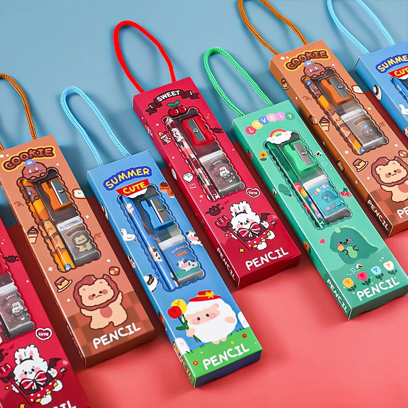 5Pcs Portable Stationery Set Cartoon Pencil Ruler Sharpener Eraser Set Gift for Kids School Office Writing Prize Stationery Set