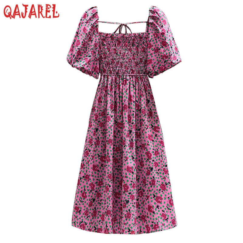 Abito longuette con colletto quadrato in Chiffon floreale viola da donna Summer Boho Fashion Casual Beach prendisole 2024 abito aderente elegante coreano