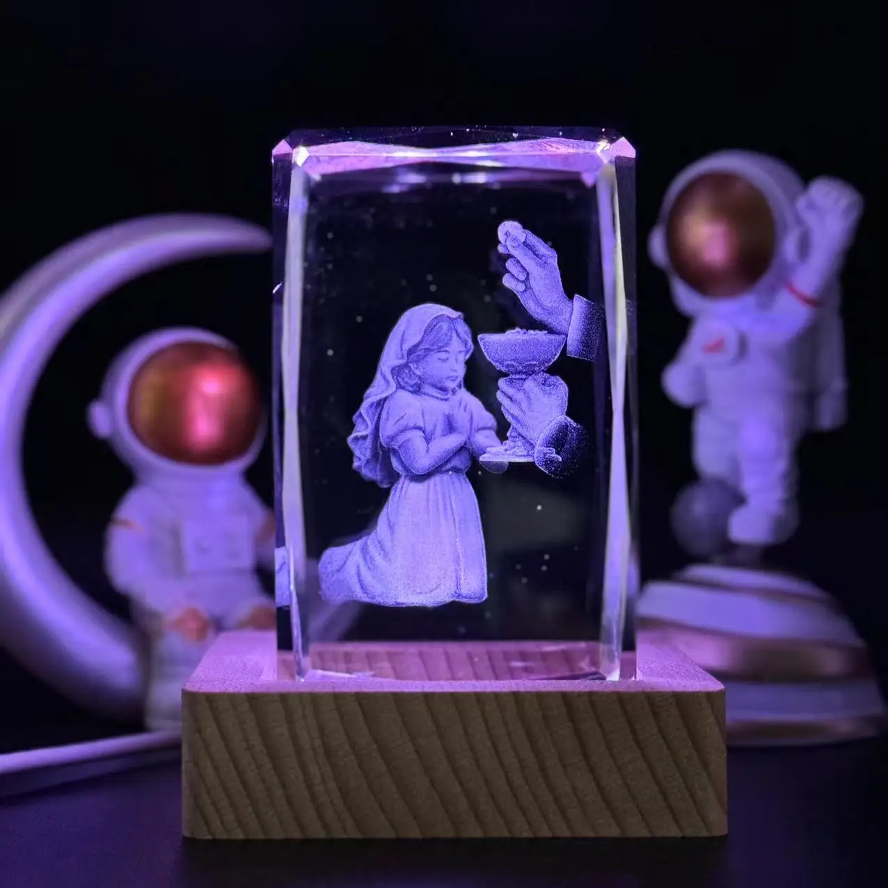1pc,3D laser carved Crystal Communion girl square nightlight, with colored light wood lamp holder, home decoration decoration, s