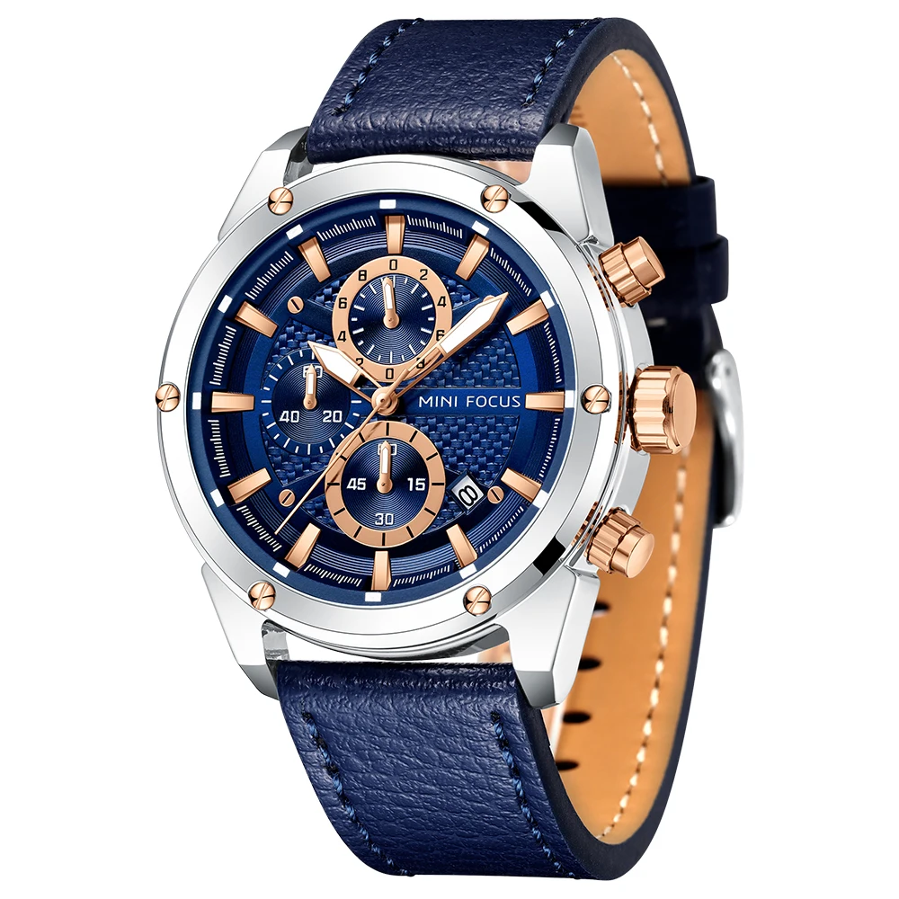 MINI FOCUS Men's Quartz Watch, Business Casual Style, Luminous Dial, Calendar, Small Seconds, 30M Water Resistant, Leather Strap