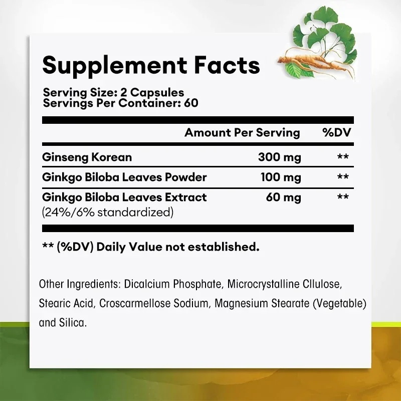 Ginseng Ginkgo Biloba Capsules Extra Strength - Supports Brain Function and Memory Non-GMO/Vegan Superfood