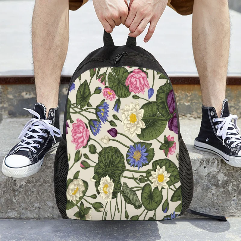 

Lightweight backpack with 2D flat print lotus pattern, ideal for schools and outdoor activities, unisex