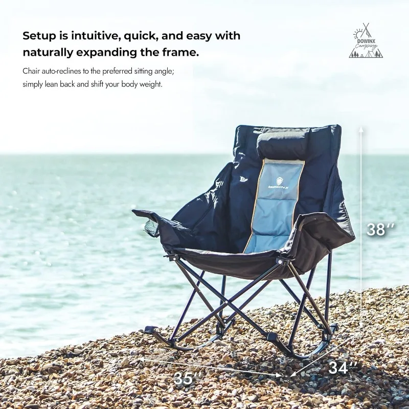 Dowinx Oversized Rocking Camping Chair, Fully Padded Patio Chair with Side Pocket and Carry Bag, High Back Portable Lawn