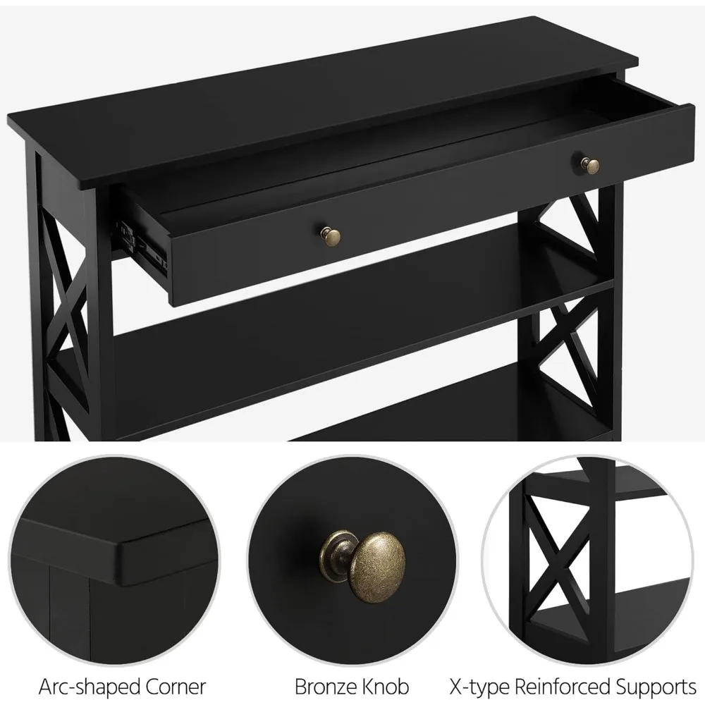 狭いソファテーブル 39.5インチ コンソール 引き出しと収納棚付き、3段木製玄関テーブル 廊下 リビングルーム用