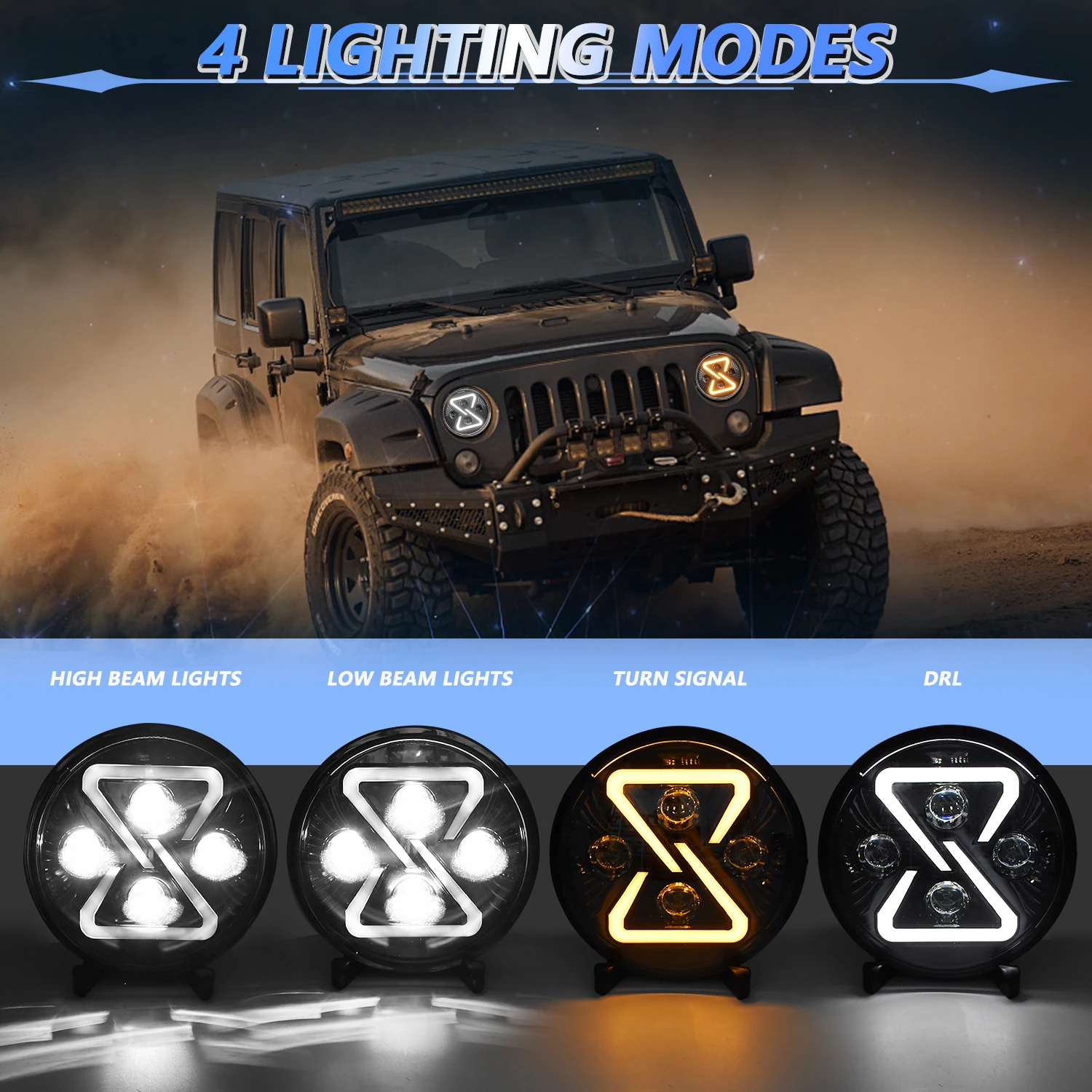 7 Inch LED Headlight Round Wrangler Headlight 200W 30000LM Yellow Gradient Angel Eyes H4 Headlamp for Jeep Halley 6000K/3500K