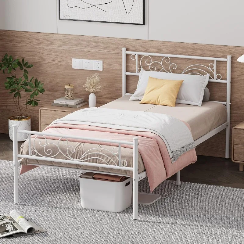 Twin Size Bed Frame with Headboard No Box Spring Needed Platform Single Bed for Kids, White