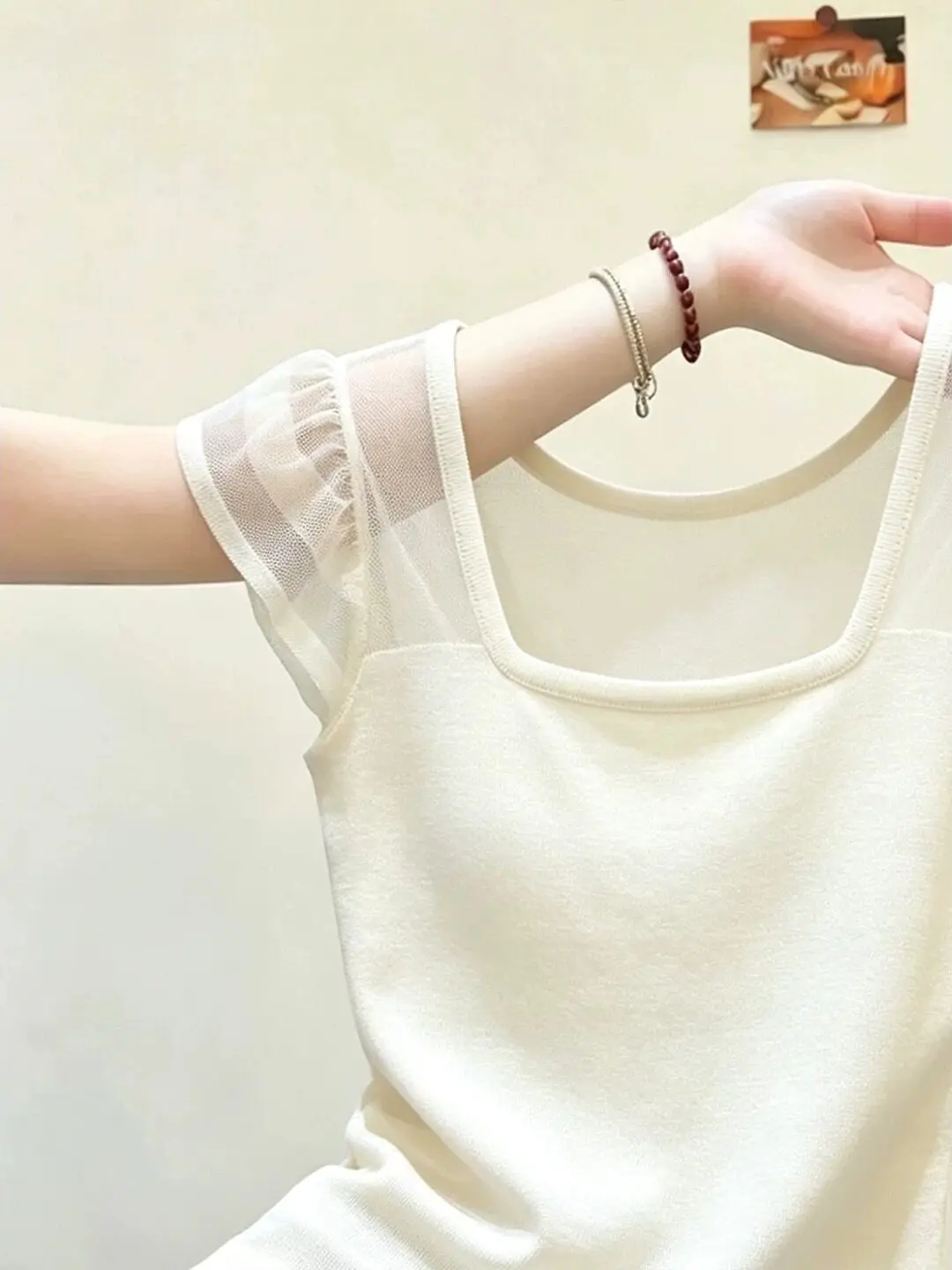 Sexy Spicy Light Maturity Style Knitted Top Women's Summer White Slim Fit Semi-Transparent Unique Beautiful Square Collar Fly...