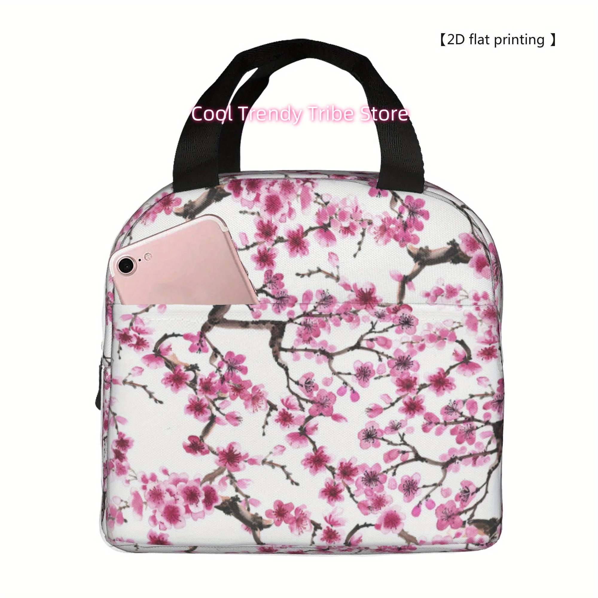 1pc Insulated Reusable Cooler Bag with Pink Peach Blossom Pattern - Portable Top-Handle Lunch Tote for Camping, Picnic, Beach, O
