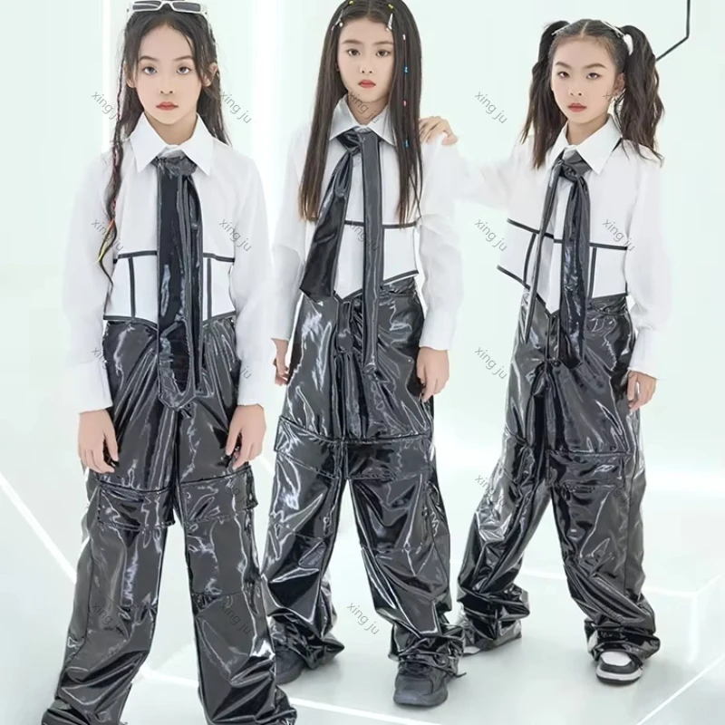 

2025 New Jazz Dance Costumes Girls White Lapel Tops Loose Leather Trousers Suit Girl Street Hip Hop Jazz Dance Performance Wear