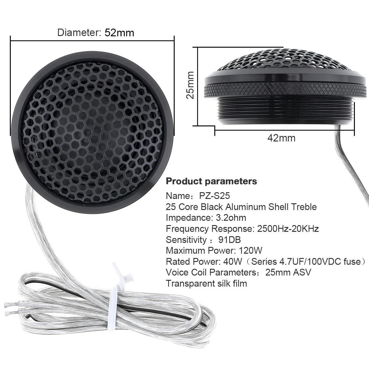 PZ-B25 2Pcs 120W Black  Aluminium Shell Transparent Silk Stretch Film Hifi Speakers Auto Radio Stereo Speaker for Cars