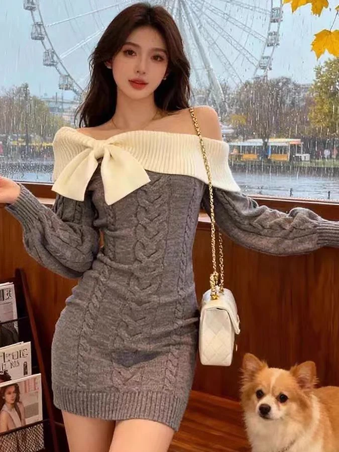 Sweet And Spicy Knitted Dress Women's Fall Winter New Style Bodycon One Shoulder Color Block Sweater Short Skirt Trendy