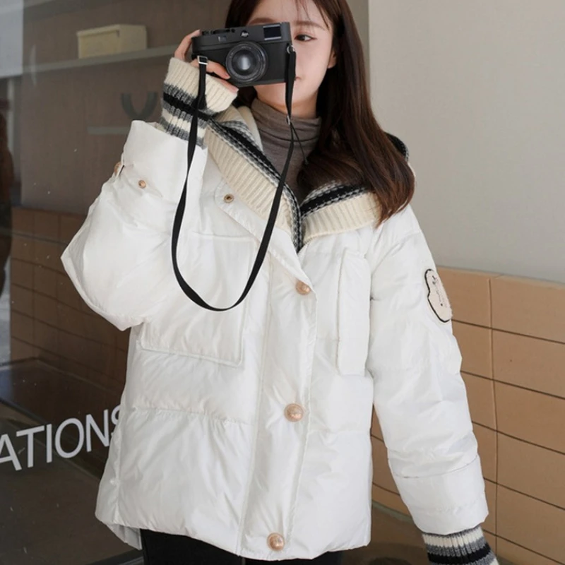 Beige Knitted Splicing Hooded Down Jacket Women Winter 2025 New Korean Style Design Sense 90 White Duck Down Coat