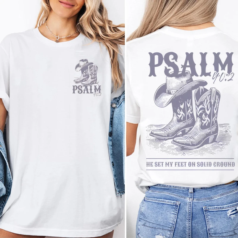 

Vintage Bible Verses Print T Shirt Women's Western Cowboy Boots Graphics T-shirts Female Round Neck Christianity Streetwear
