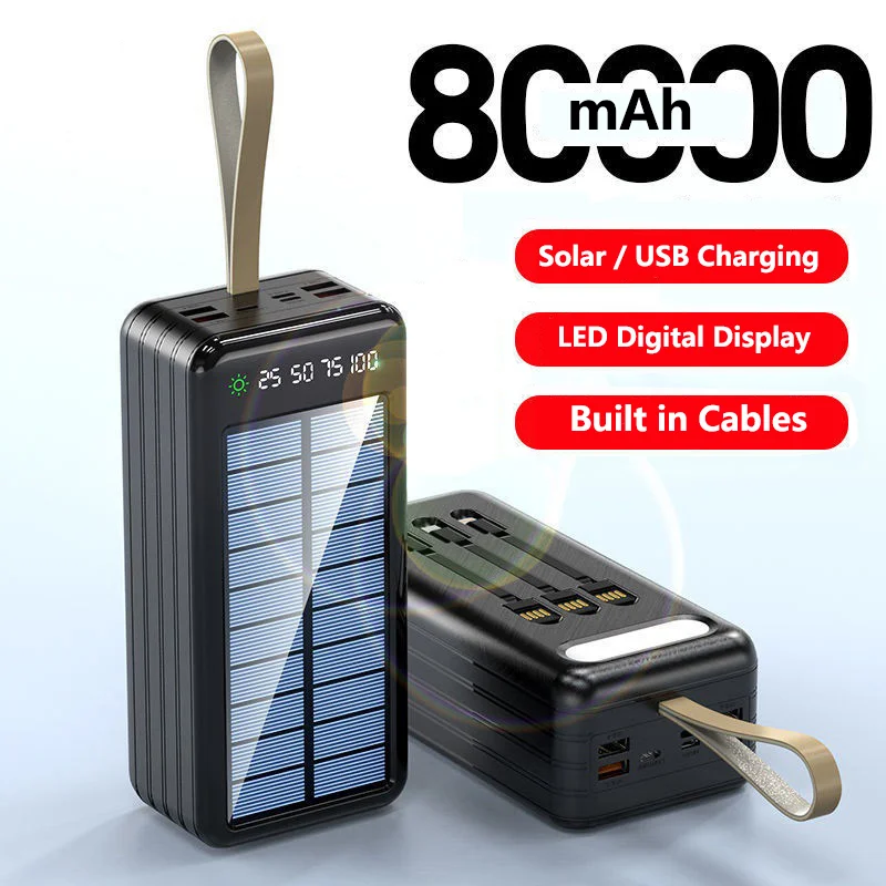 

80000mAh Portable Solar Power Bank 4 USB Fast Charging Powerbank with Camping Light for iPhone 15 Samsung Xiaomi Spare Battery