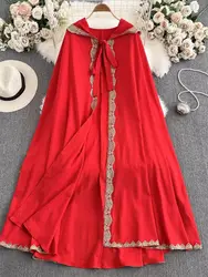 Holiday Ethnic Style Hooded Sun Protection Clothing Women's Shawl Travel Photo Red Cloak Flowing Long Cardigan Summer Cape K1955