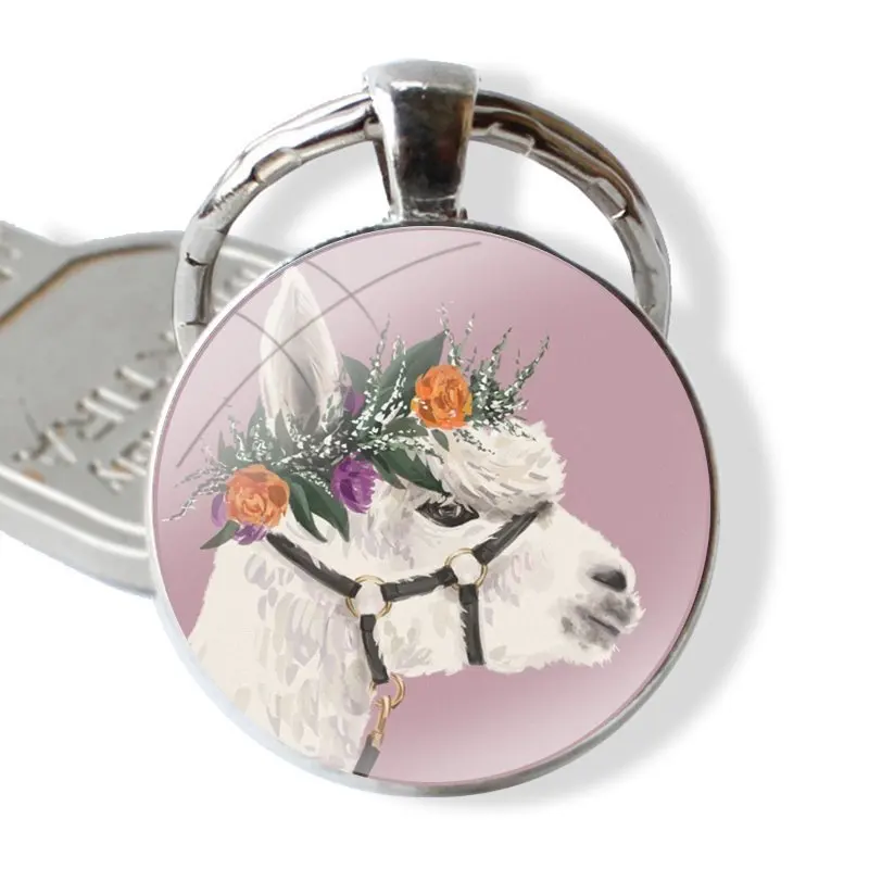 Keychain Handmade Glass Cabochon Key Ring Holder Pendant Key Chains Lama Llama Alpacas Animal