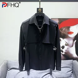 PFHQ Autumn Men's High Quality Stitching Leather Buckle Design Shirts Long Sleeved Darkwear Leisure Solid Color Ins Tops 21Z1666