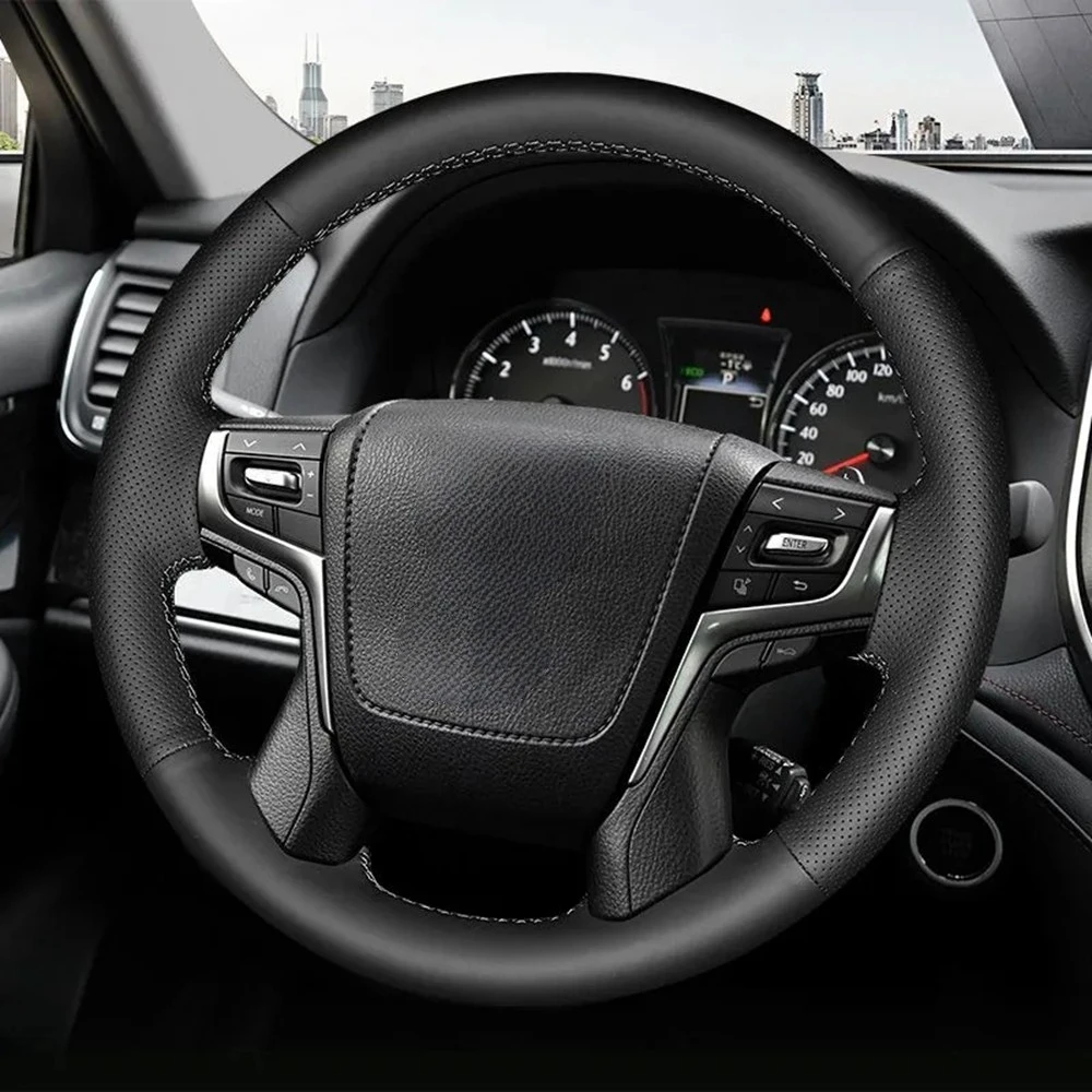 Car Steering Wheel Cover Non-Slip Black Genuine Leather For Toyota Land Cruiser 2016 2017 2018 2019 Land Cruiser Prado 2018