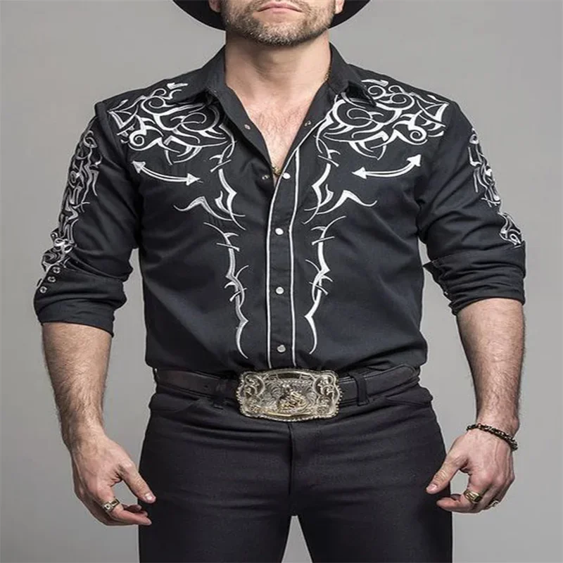 2024 Western Tribal Ethnic Lapel Men's Casual Sports Outdoor Street Long Sleeve Button Tops Shirt Suit Lapel Clothing