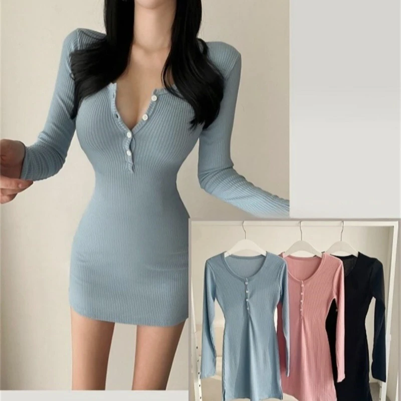 Korean Version Autumn Winter New Bodycon Frock Half Open Neck Button Long Sleeve Cinching Waist Wrap Hip Slim Sexy Knit Dress