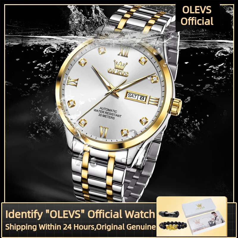 Olevs 9946 marca original relógio masculino duplo calendário display diamante escala romana relógio de pulso mecânico automático para homem