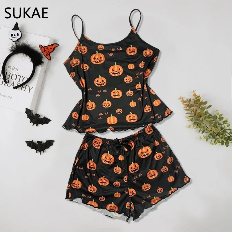 SUKAE Cute Halloween Gift Prumpkin Women Tank Top Shorts Nightie Spaghetti Strap Pajama Set Girl Sexy Lingerie Sleeveless Pijama