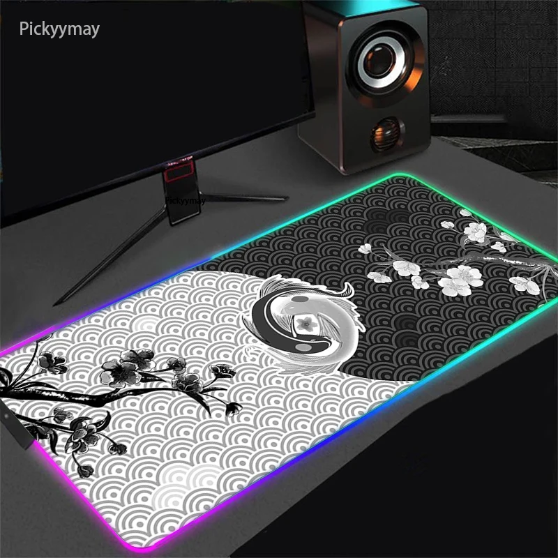 RGB Mouse Pad Yinyang Fish Koi Mousepad Large Masuepad Computer Keyboard Deskpad XXL Desk Mat Table Mats LED With Backlight  