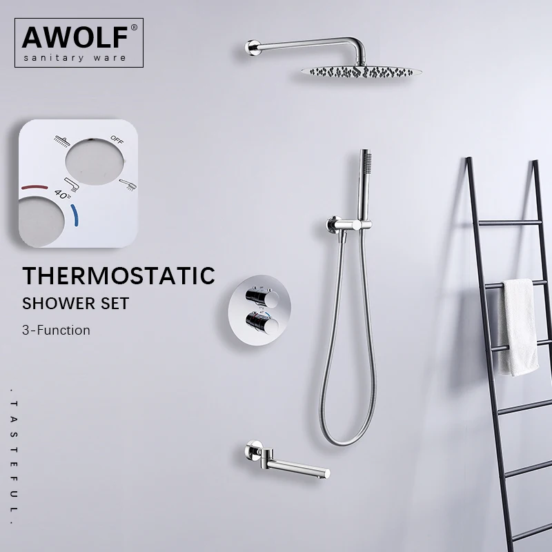 Awolf Thermostatic Mixer Shower Set Chrome Solid Brass Bathroom Shower System Wall Mounted Embedded Black Bathtub Faucet AH3061