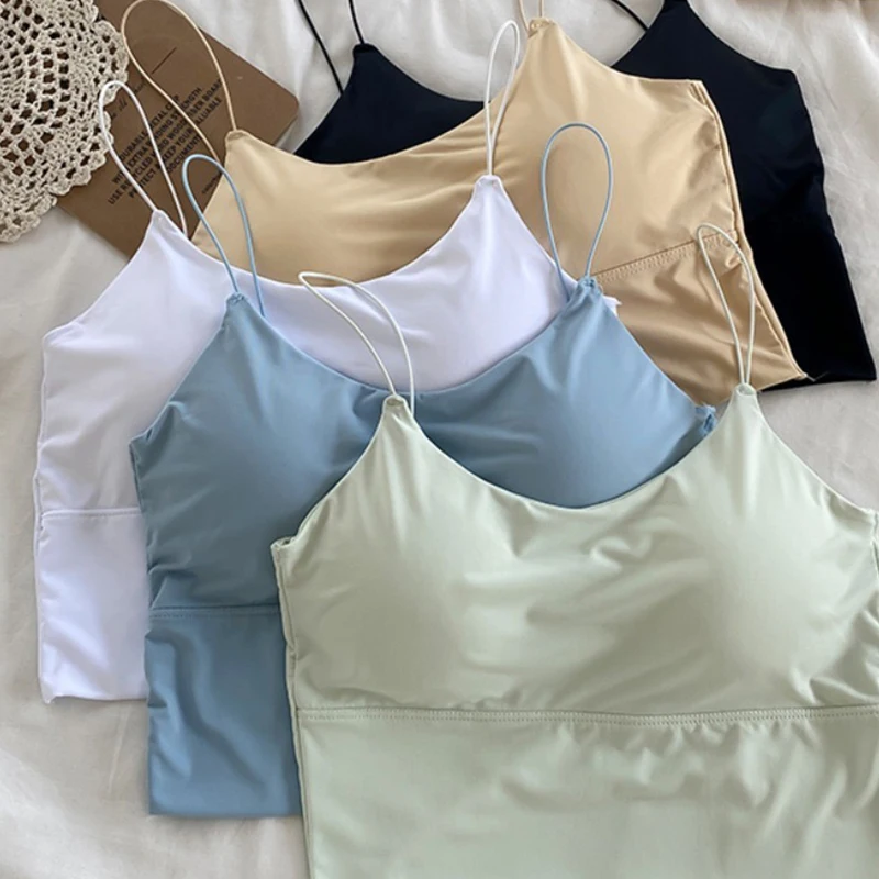 Summer Women Crop Top Sexy Solid Color Camisole Ice Silk Tube Top Seamless Sport Top Wireless Underwear Padded Bra Bralette Vest