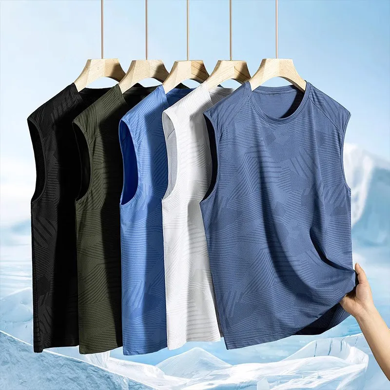

Мужская летняя спортивная майка из ледяного шелка: тонкий тренировочный топ с широкими плечами, быстросохнущая базовая футболка, модная футболка