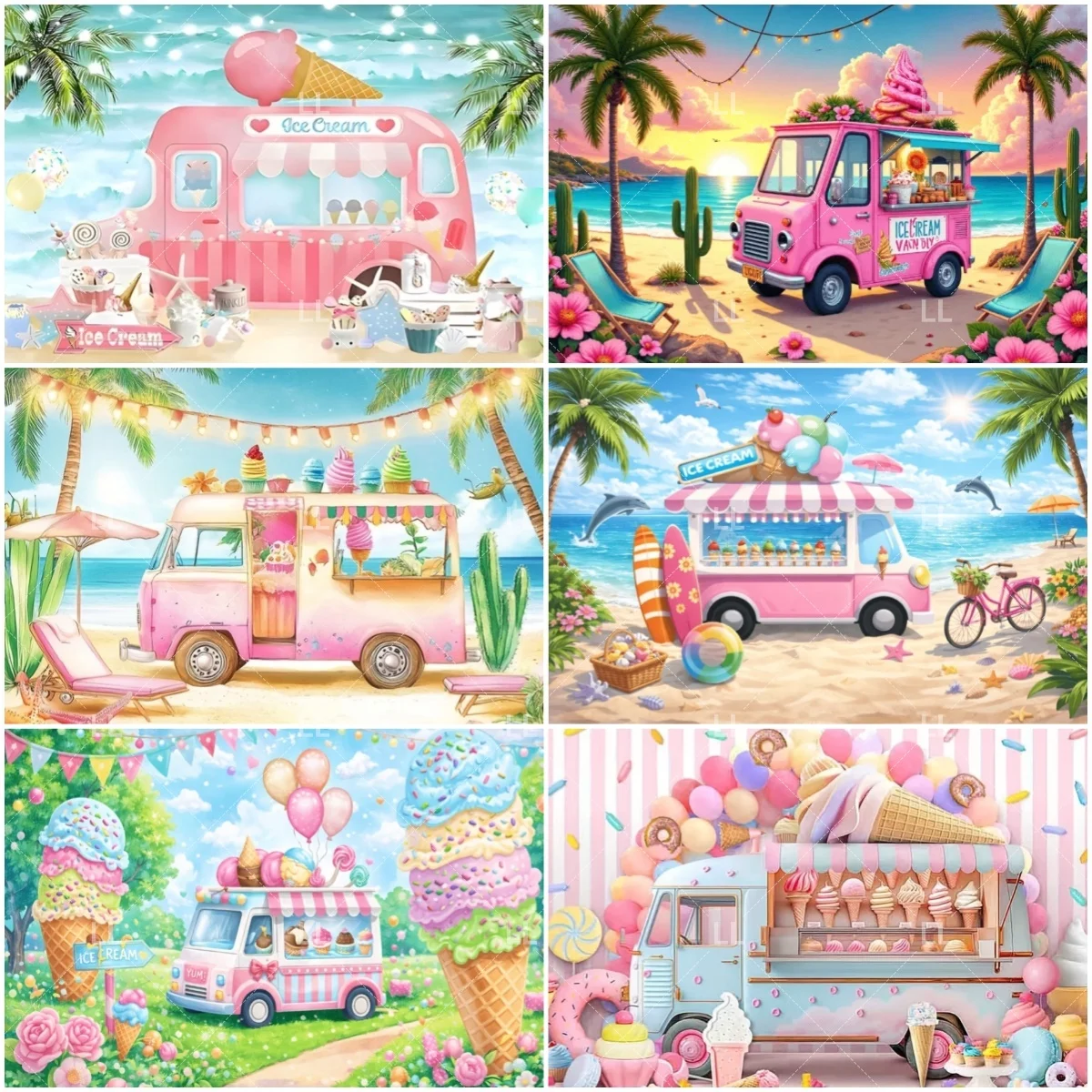 

Summer Ice Cream Car Birthday Party Decoration Tropical Hawaiian Beach Ocean Blue Sky Grassland Photography Background Kid Gift