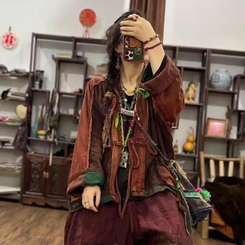 

Autumn Arts Style Women Long Sleeve Single Button Loose Patchwork Jackets Thicken Double-deck Cotton Linen Vintage Coats TF199