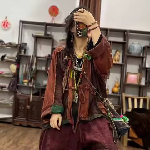 Autumn Arts Style Women Long Sleeve Single Button Loose Patchwork Jackets Thicken Double-deck Cotton Linen Vintage Coats TF199