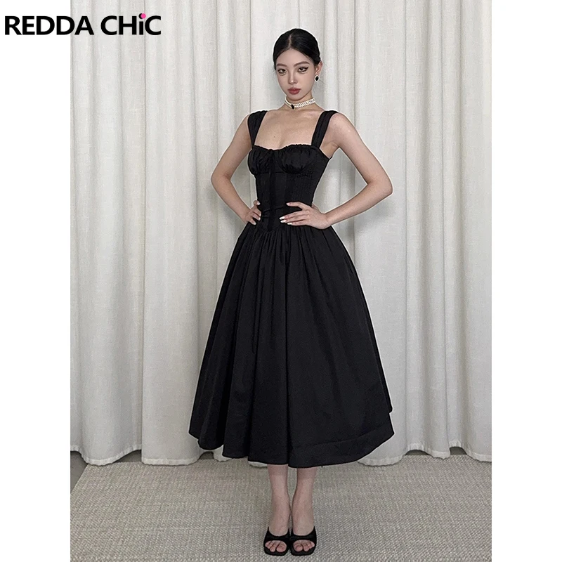 

REDDACHiC Elegant Black Solid Tank Dress Women Boned Corset Square Neck Ruffle Midi long Dress Holiday Homecoming Summer Clothes