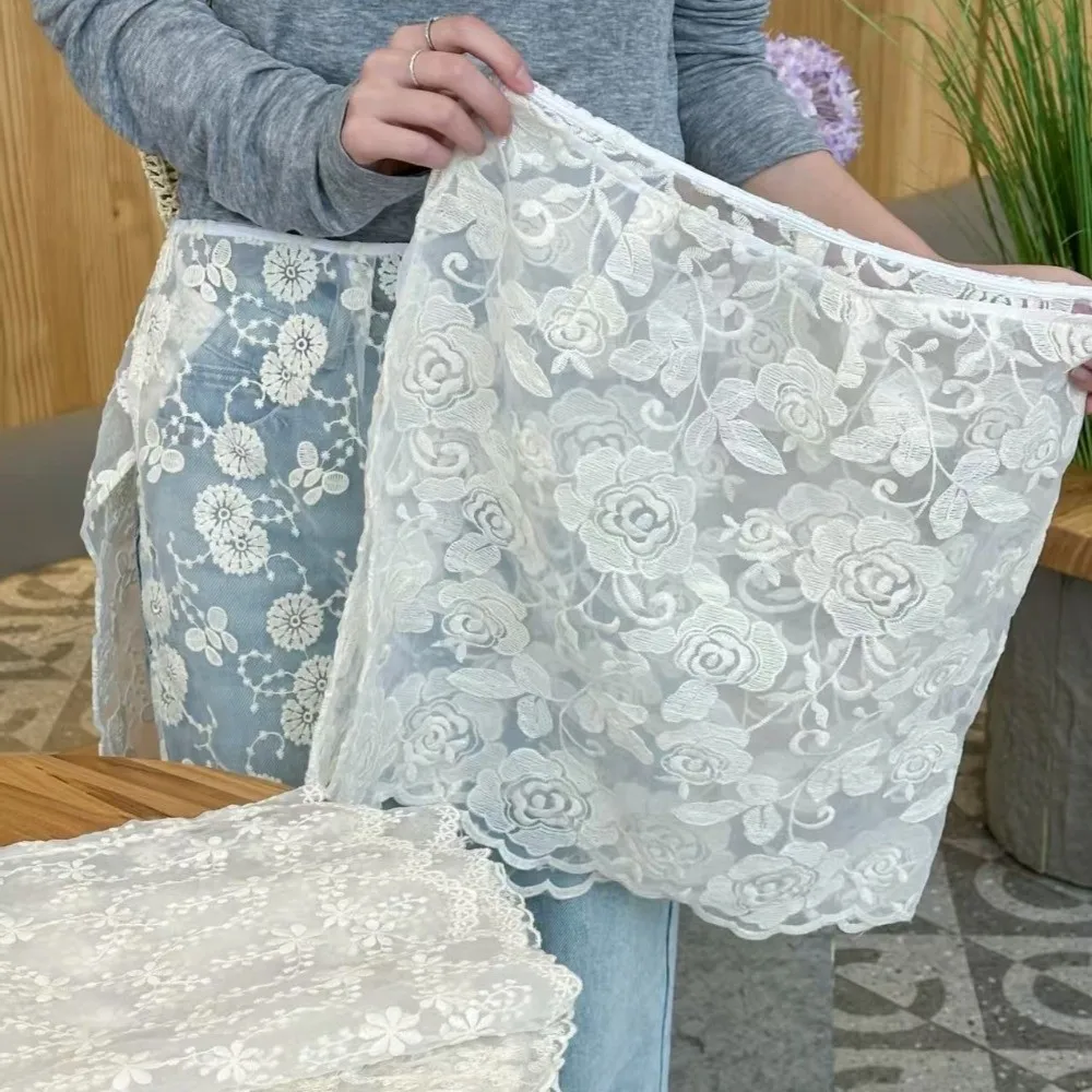 

JEANS Decor Lace Fart Curtain Sheer Slim Fit Embroidery Flower Lace Half Skirt Sweet Side Button Hip Curtain for Women