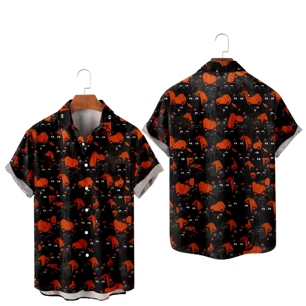 Casual Halloween Shirts for Men Bats Print Shirts Orange Short Sleeve Summer Beach Vacation Tops Breathable