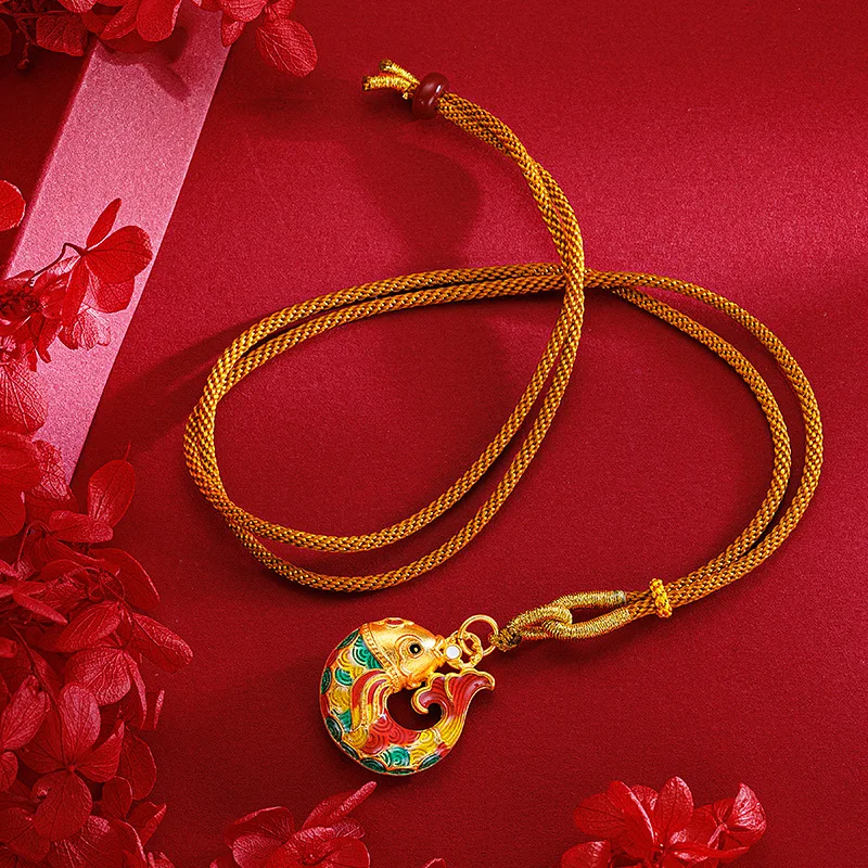 

9999 Real Gold 24K Versatile new Chinese retro enamel colored koi necklace, ethnic style red fire carp koi pendant