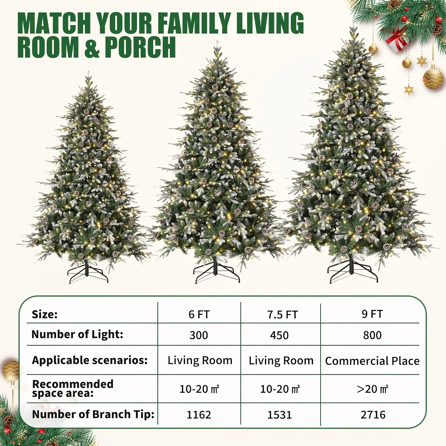 

Artificial Christmas Tree Available in Sizes 4.5, 6, 7.5, And 9 Feet, Designed in a Spruce Shape, Adorned with Snowflakes And Pine Cones, Includes a Collapsible Metal Stand for Easy Setup, Perfect for Homes, Offices, Parties, And Various Events