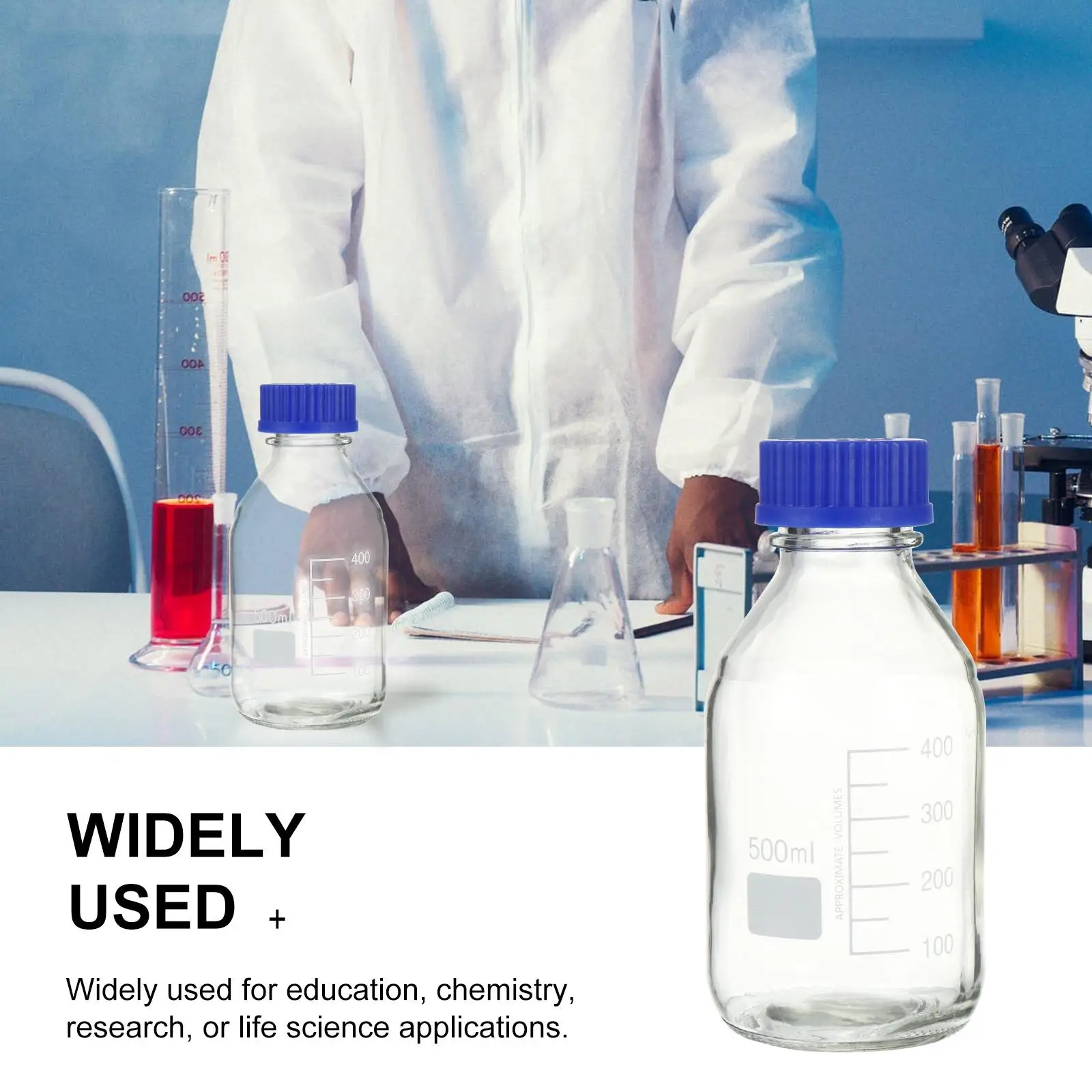 2 Pcs Graduated Reagent Bottle With Blue Cap For Chemical Glass Sample Storage Bottle Solid Base Transparent 500Ml Lab Bottle