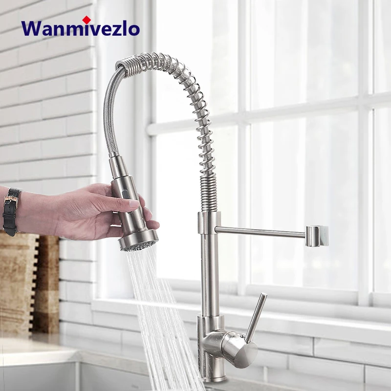 

Brushed Nickel Spring Pull Down Kitchen Faucets Stream Spray Head Hot Cold Water Tap Brass Rotation Kitchen Mixer Tap Crane