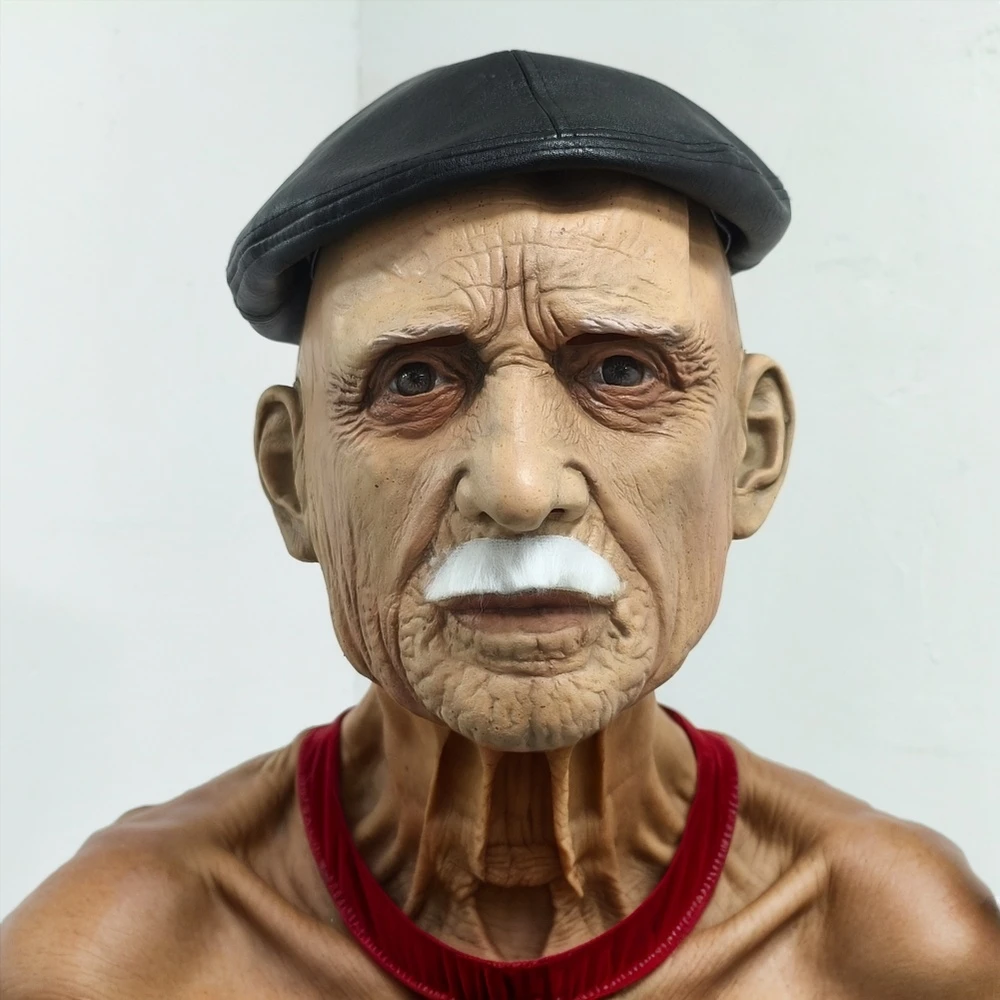 Máscara facial realista de velho masculino com boina chapéu acessório de fantasia de halloween couro pu barba moda adulto cosplay máscara de borracha