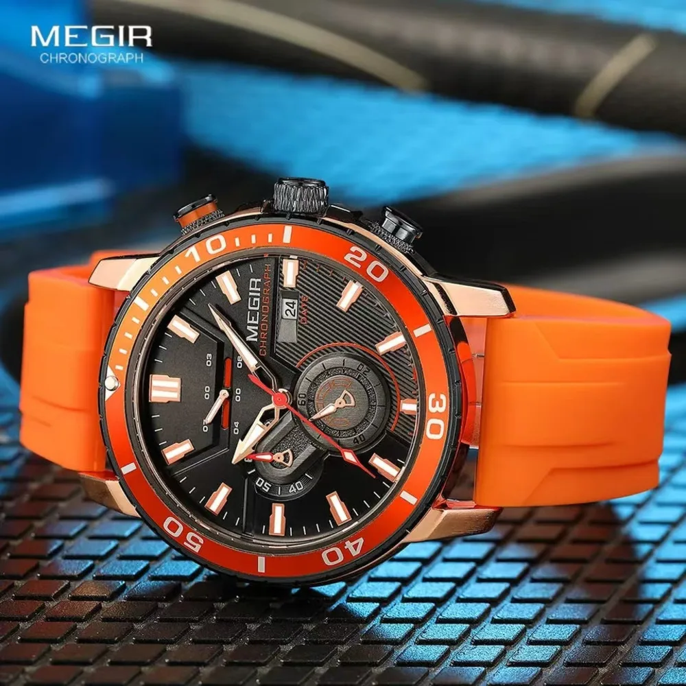 MEGIR-Reloj deportivo naranja para hombre, cronógrafo de pulsera de cuarzo con correa de silicona, resistente al agua, con calendario y manecillas luminosas