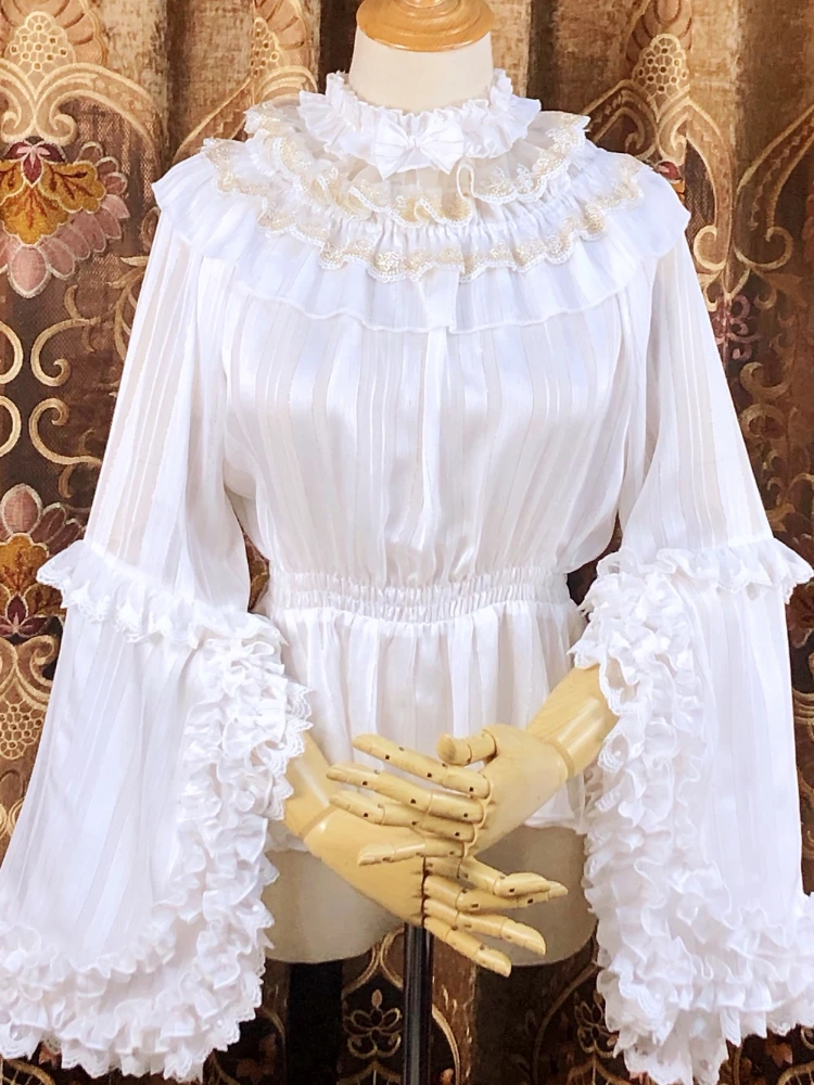 Victorian Vintage Lolita Blouses Women Elegant Lace Ruffles Flare Sleeve Shirts Tops Female Harajuku Gothic Slim Chiffon Blouse