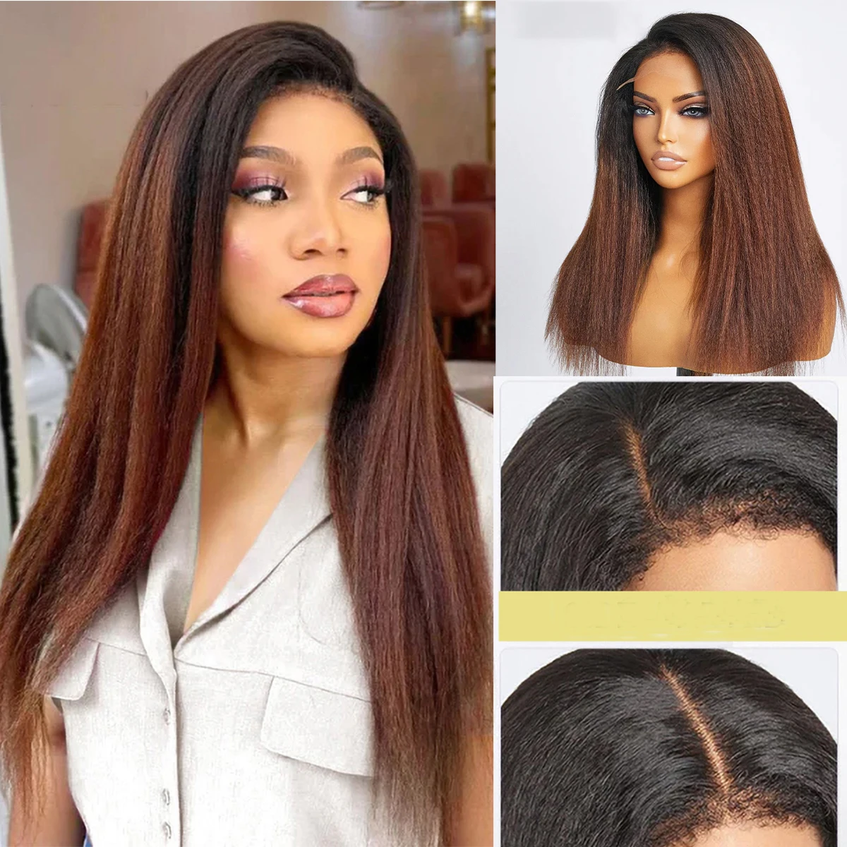 

Long Preplucked Ombre Brown Glueless Soft Yaki 26 Inch Kinky Straight Lace Front Wig For Women Babyhair Natural Hairline Daily