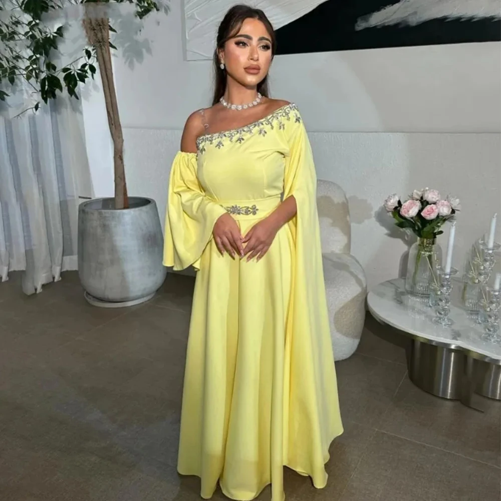 Flechazo Yellow Evening Dress Boat Neck A-Line Floor Length with Beading Long Sleeve Women Formal Party Customized Gowns