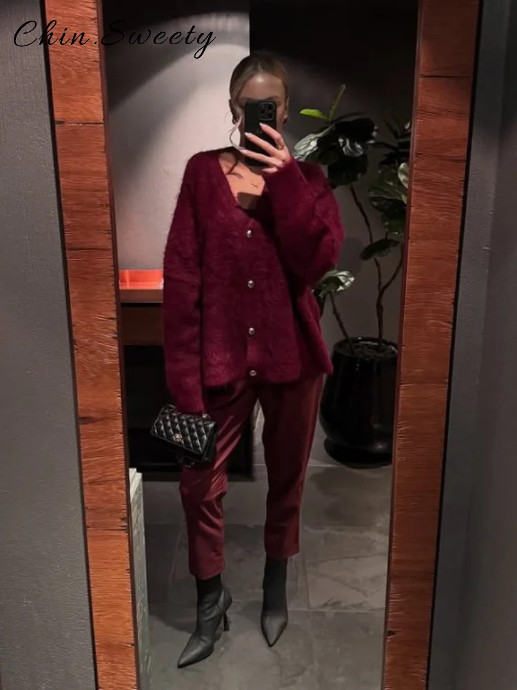 エレガントなモヘアニットカーディガン、スカーフ付き、レディース、ゆったり、無地、Vネック、シングルブレスト、セーター、2025年秋、レディース、オールマッチニットウェア