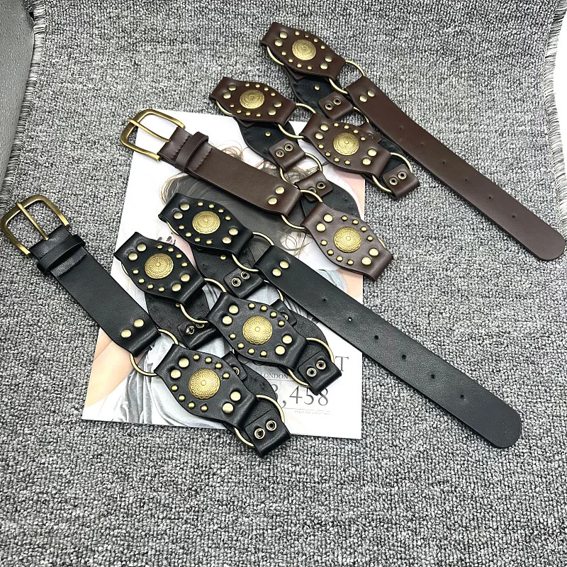 

Американский ретро-ремень с металлическими заклепками и кожаными вставками, ремень в стиле Y2K для модных девушек.